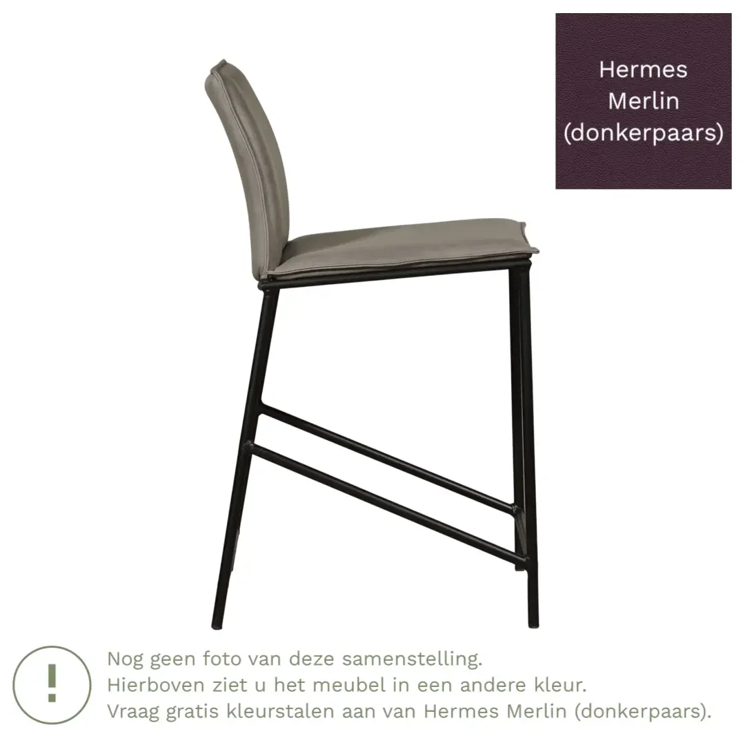 afbeelding van Leren barkruk laag Favor - Hermes Merlin (donkerpaars) - poten staal rond zwart
